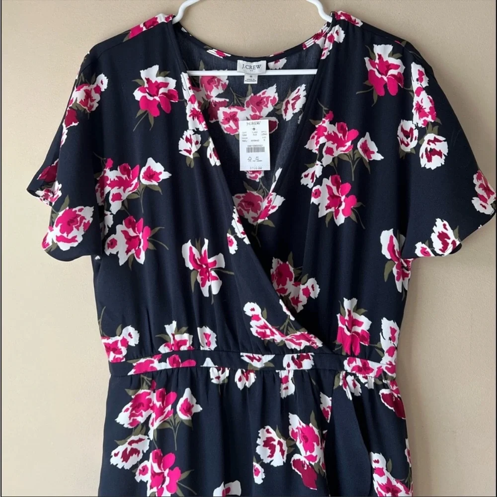 NEW J. Crew Faux Wrap V Neck High Low Floral MIDI Dress L2340 Short‎ Sleeve Navy